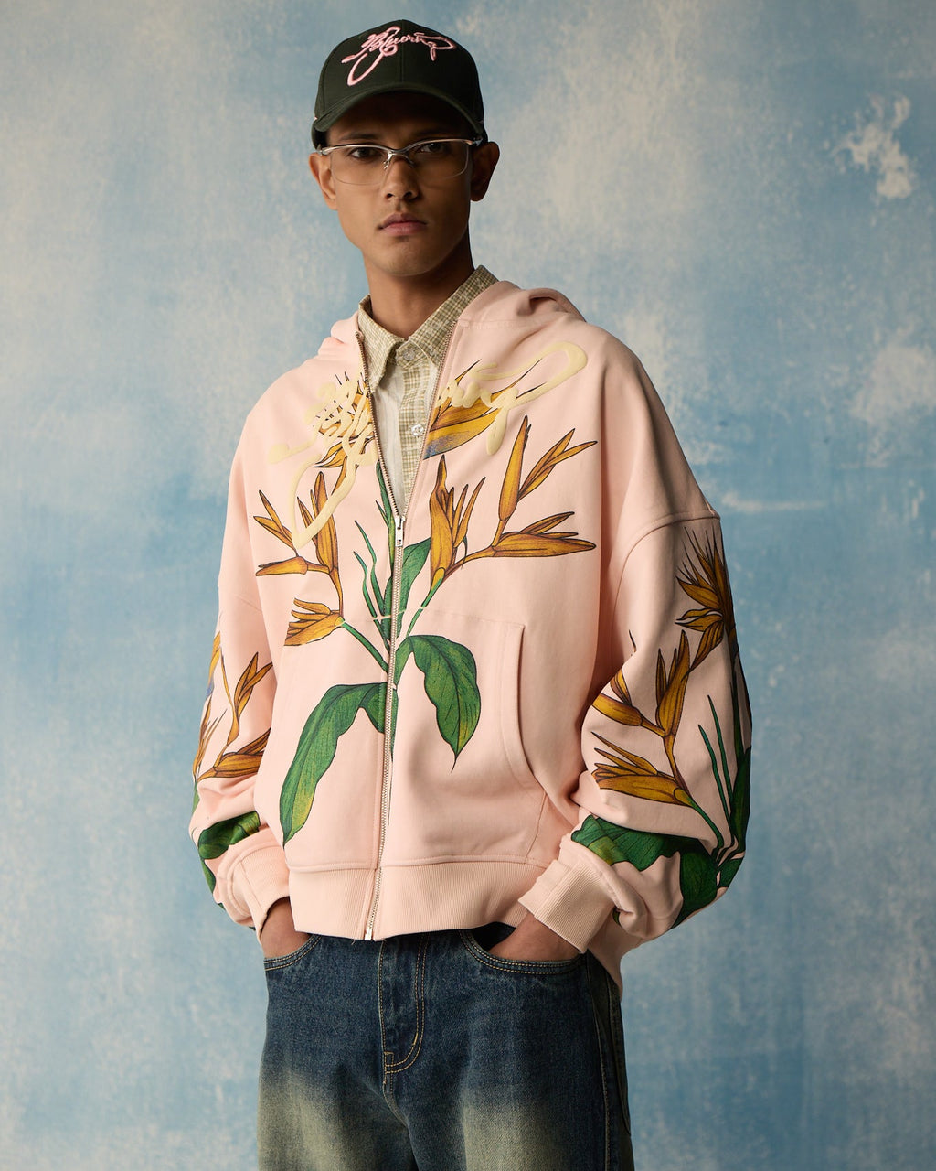 Pink Birds Of Paradise Zipper Hoodie Polkal™ BluOr