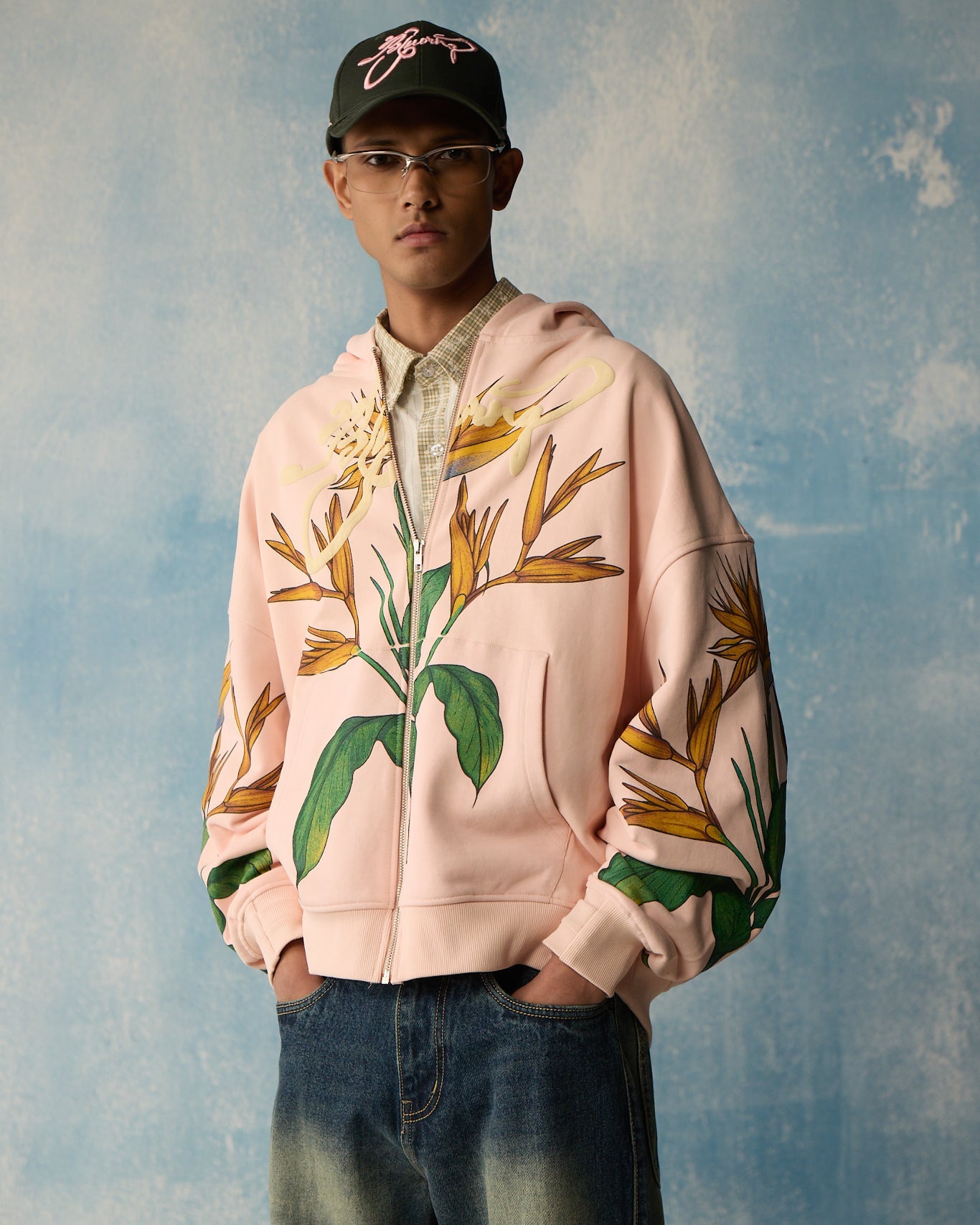 Pink Birds Of Paradise Zipper Hoodie Polkal™ BluOr