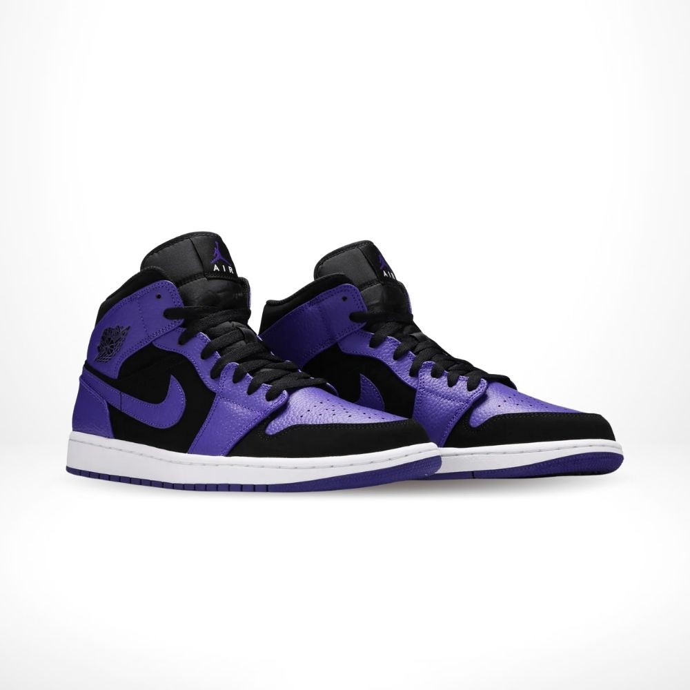 Angled front view of a full pair of Air Jordan 1