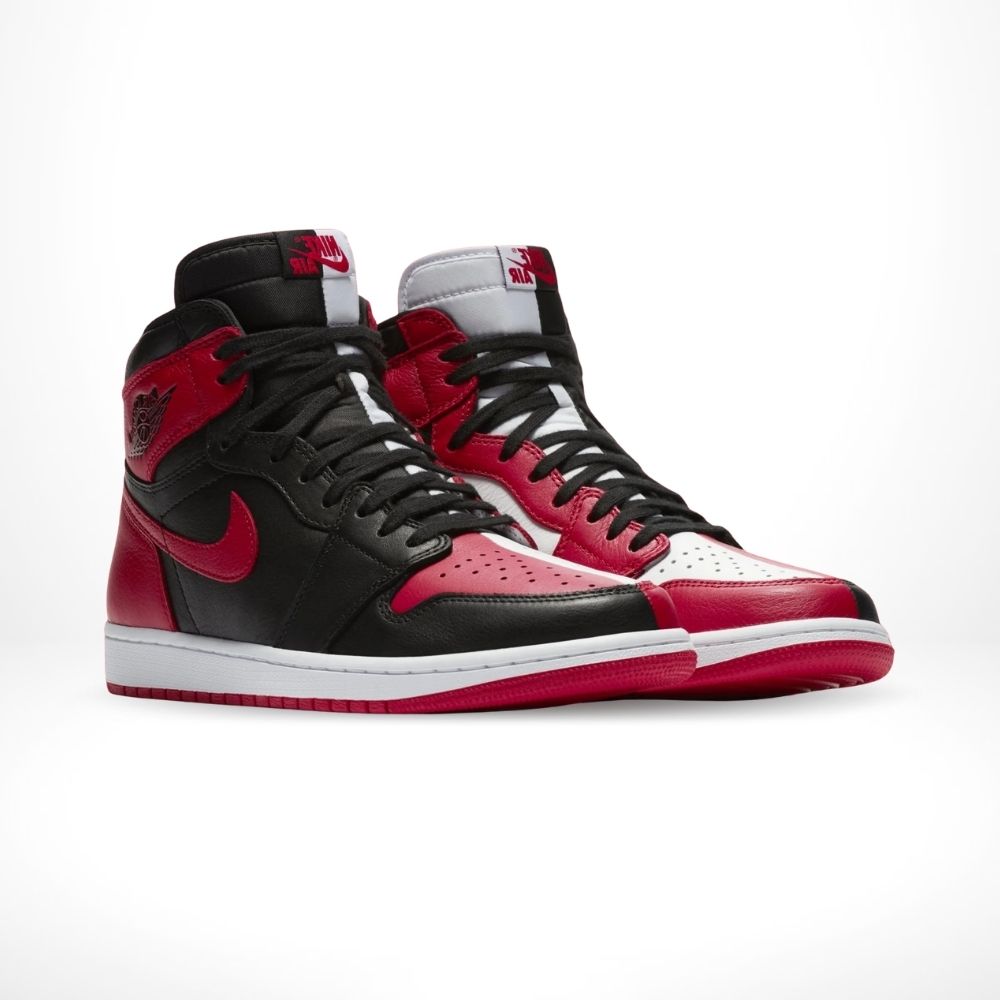 Angled front view of a full pair of Air Jordan 1