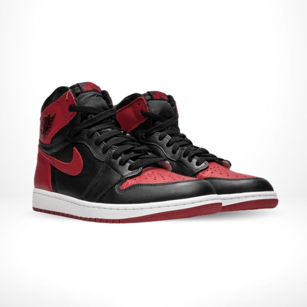 Angled front view of a full pair of Air Jordan 1