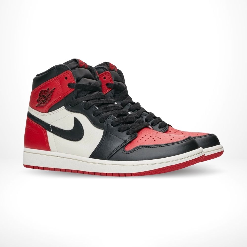 Angled front view of a full pair of Air Jordan 1