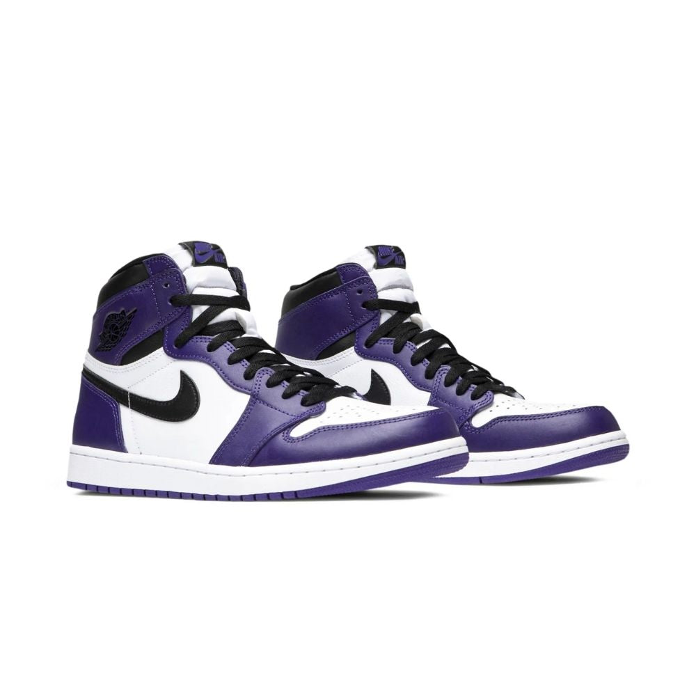 Angled front view of a full pair of Air Jordan 1