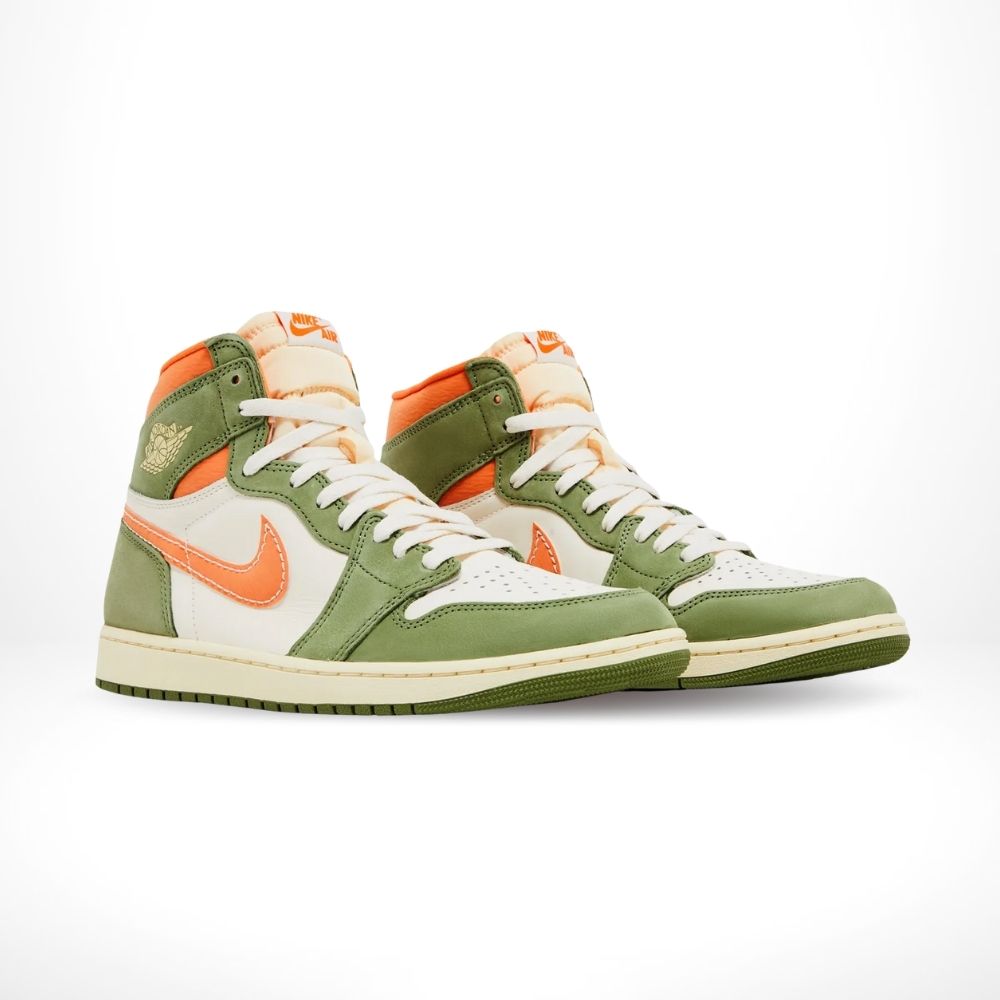 Angled front view of a full pair of Air Jordan 1