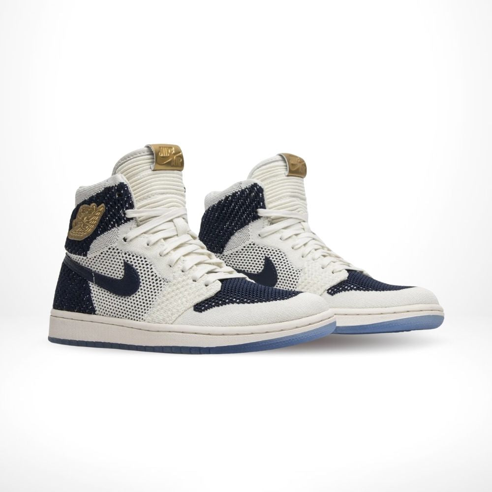 Angled front view of a full pair of Air Jordan 1