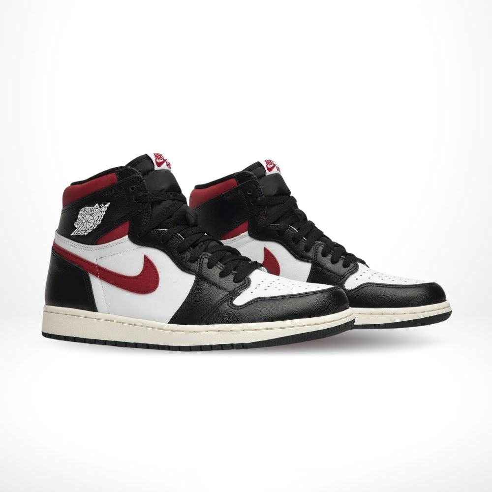 Angled front view of a full pair of Air Jordan 1