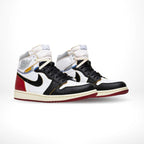 Angled front view of a full pair of Air Jordan 1