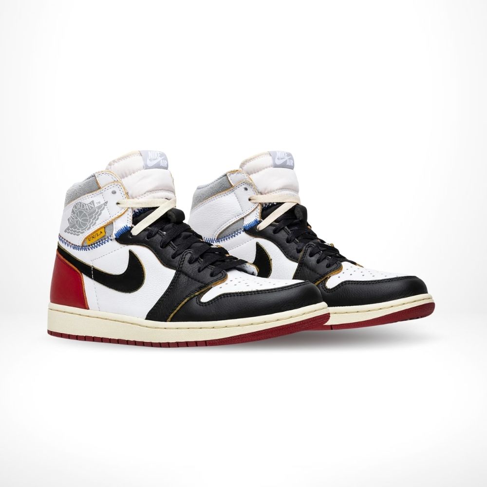 Angled front view of a full pair of Air Jordan 1