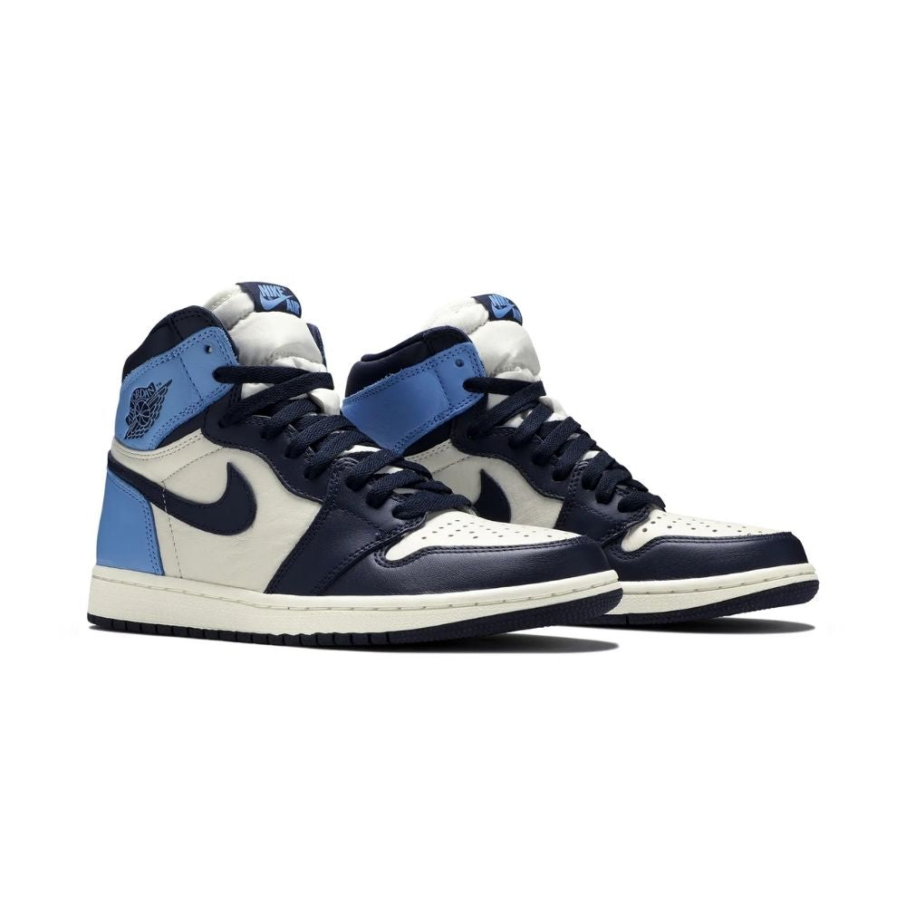 Angled front view of a full pair of Air Jordan 1
