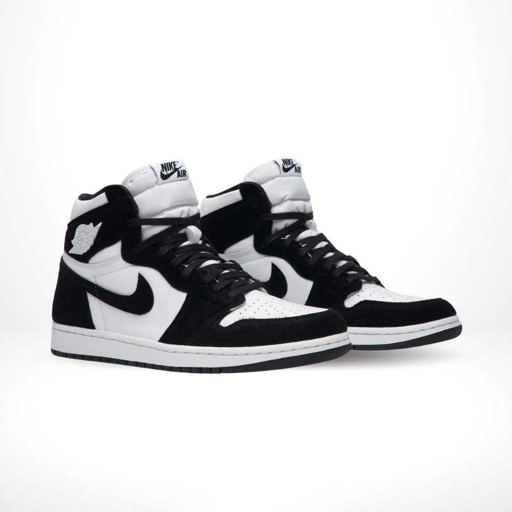 Angled front view of a full pair of Air Jordan 1