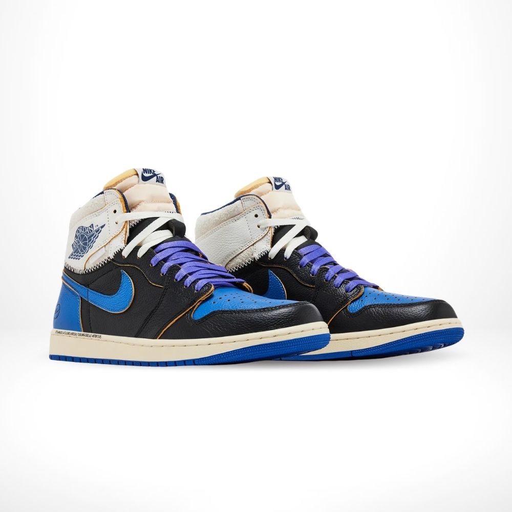 Angled front view of a full pair of Air Jordan 1
