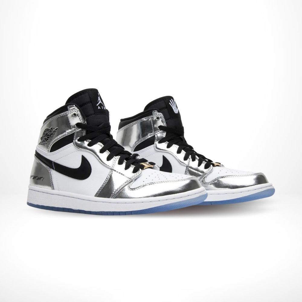 Angled front view of a full pair of Air Jordan 1