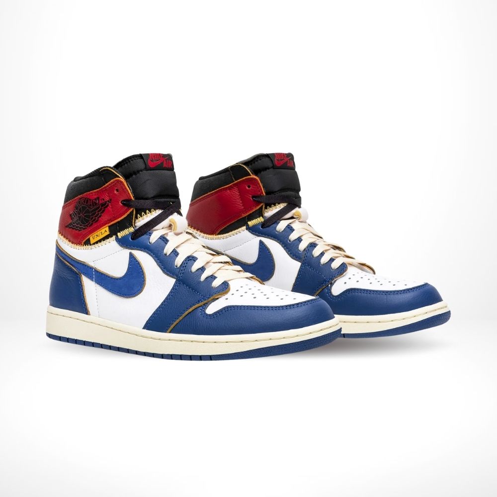 Angled front view of a full pair of Air Jordan 1