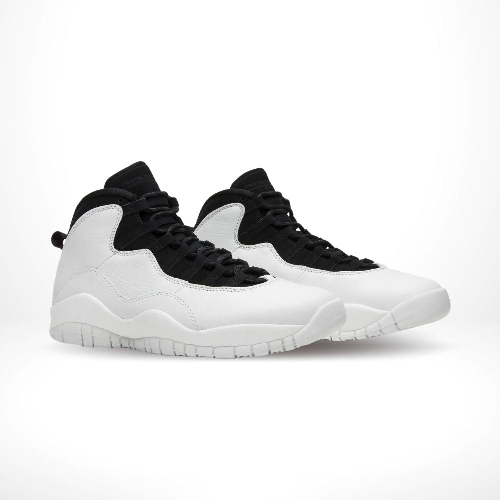Angled front view of a full pair of Air Jordan 10