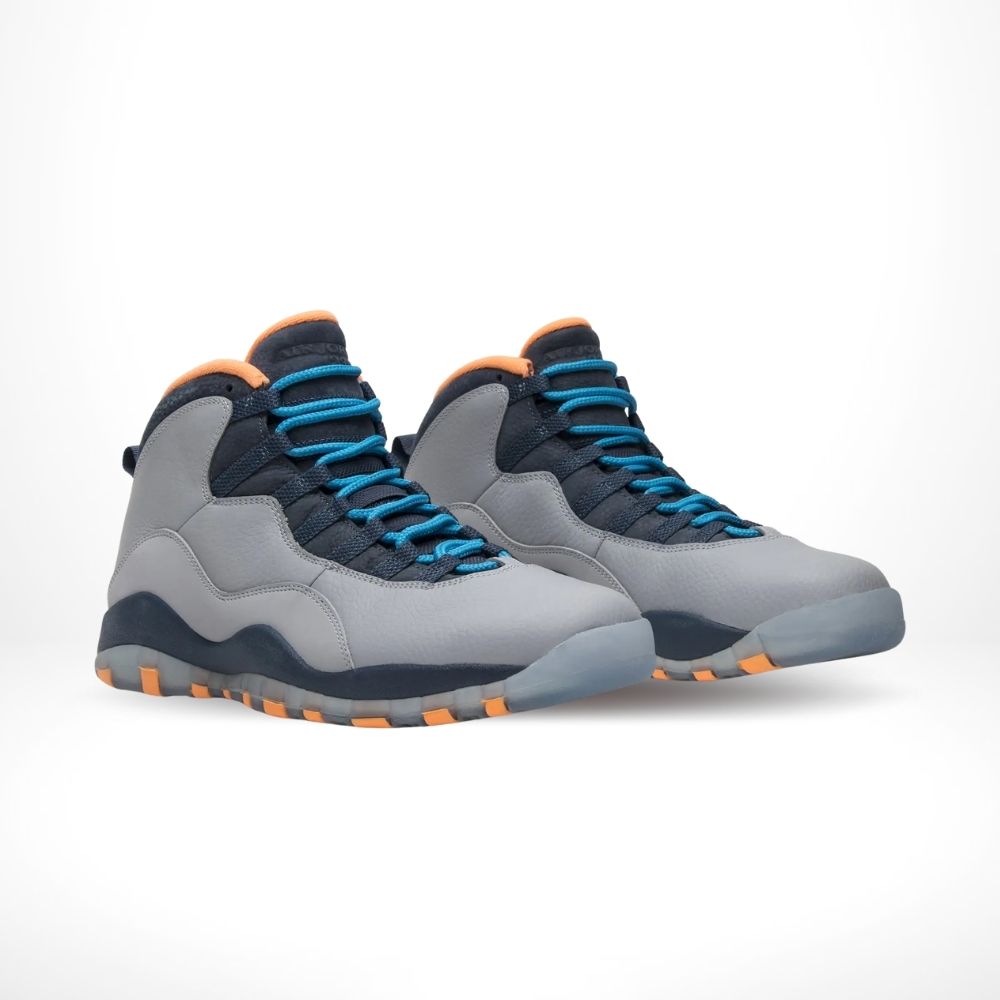 Angled front view of a full pair of Air Jordan 10