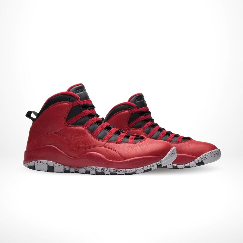 Angled front view of a full pair of Air Jordan 10