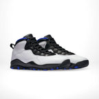 Angled front view of a full pair of Air Jordan 10