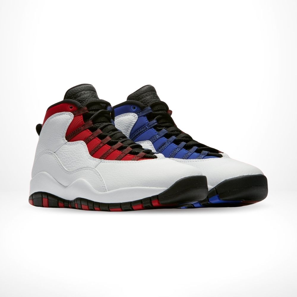 Angled front view of a full pair of Air Jordan 10