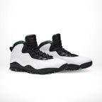 Angled front view of a full pair of Air Jordan 10