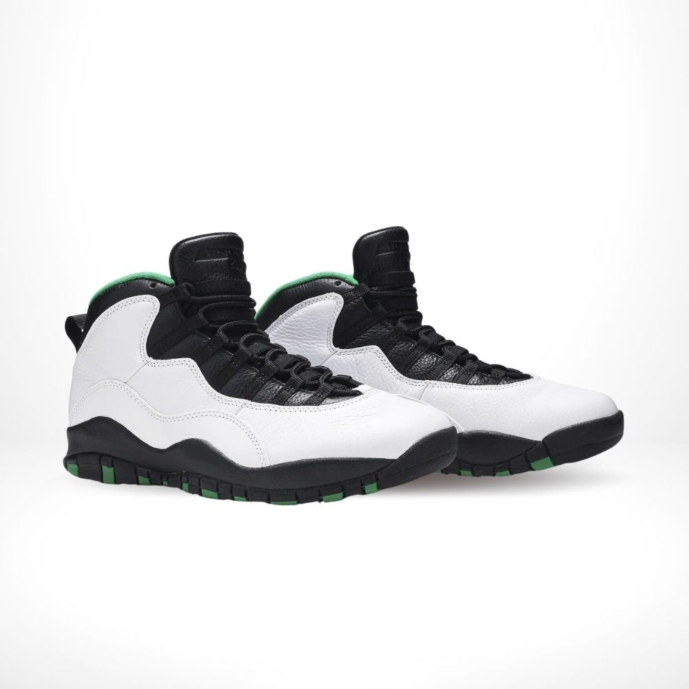 Angled front view of a full pair of Air Jordan 10