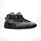 Angled front view of a full pair of Air Jordan 10