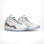 Angled front view of a full pair of Air Jordan 10
