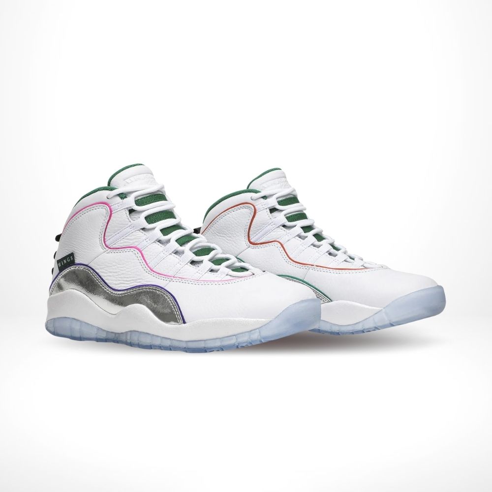 Angled front view of a full pair of Air Jordan 10