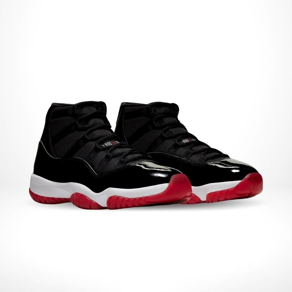 Angled front view of a full pair of Air Jordan 11