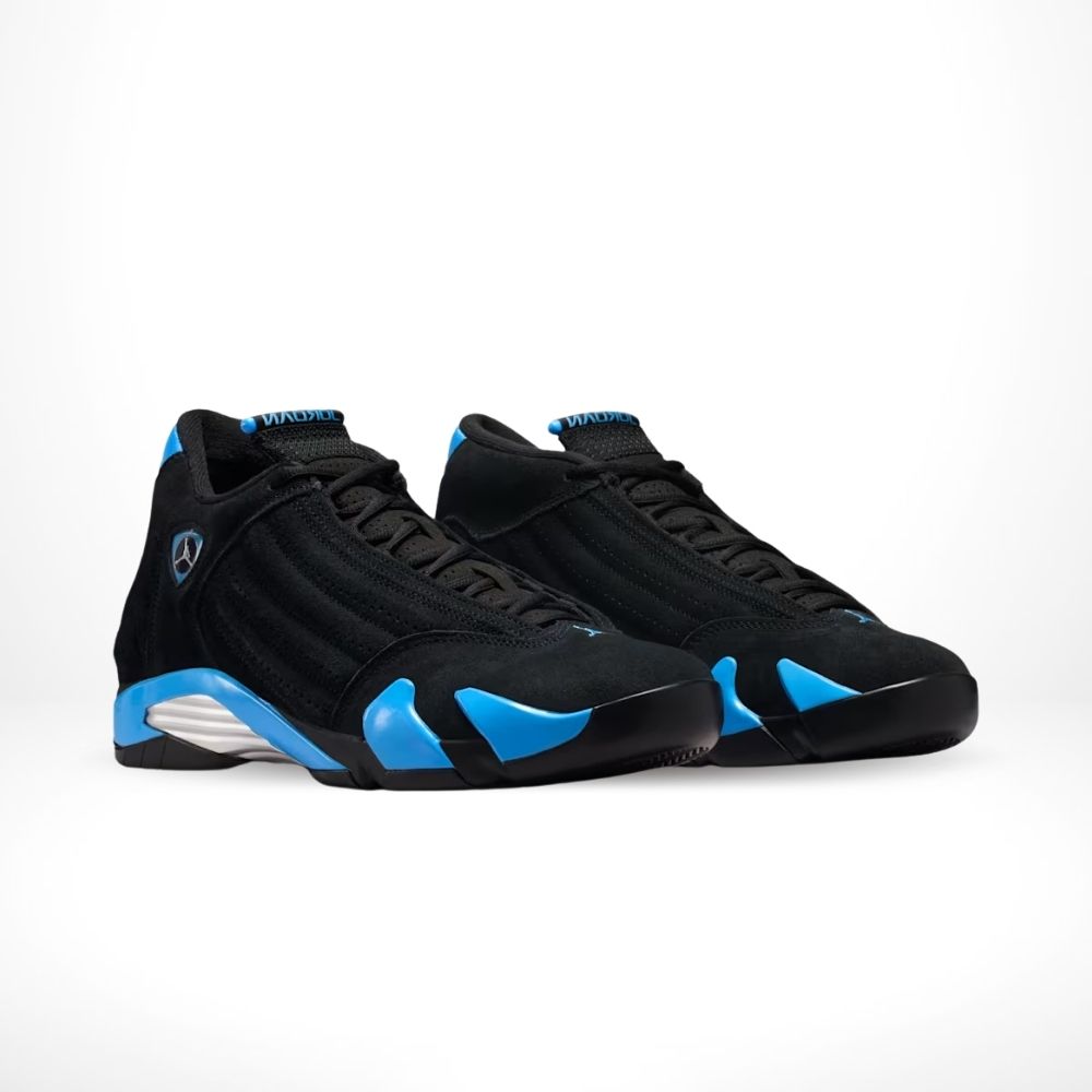 Angled front view of a full pair of Air Jordan 14