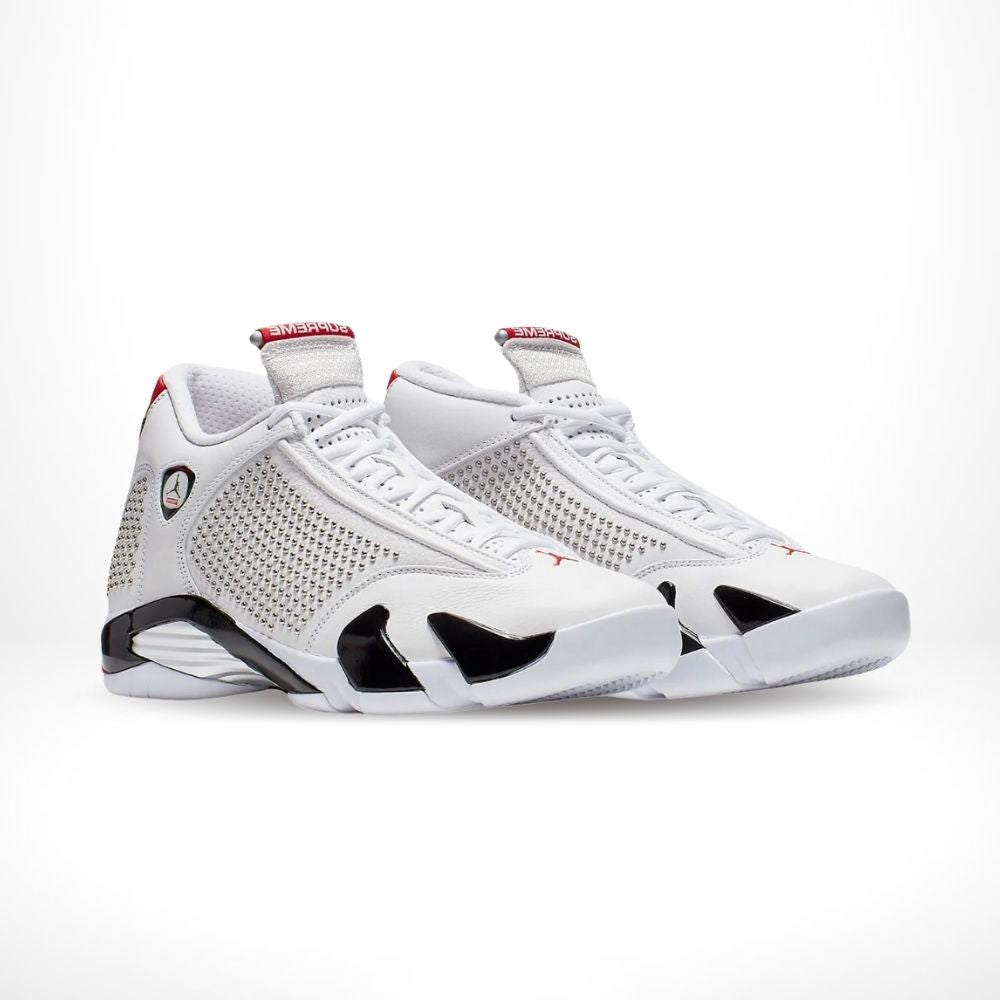 Angled front view of a full pair of Air Jordan 14