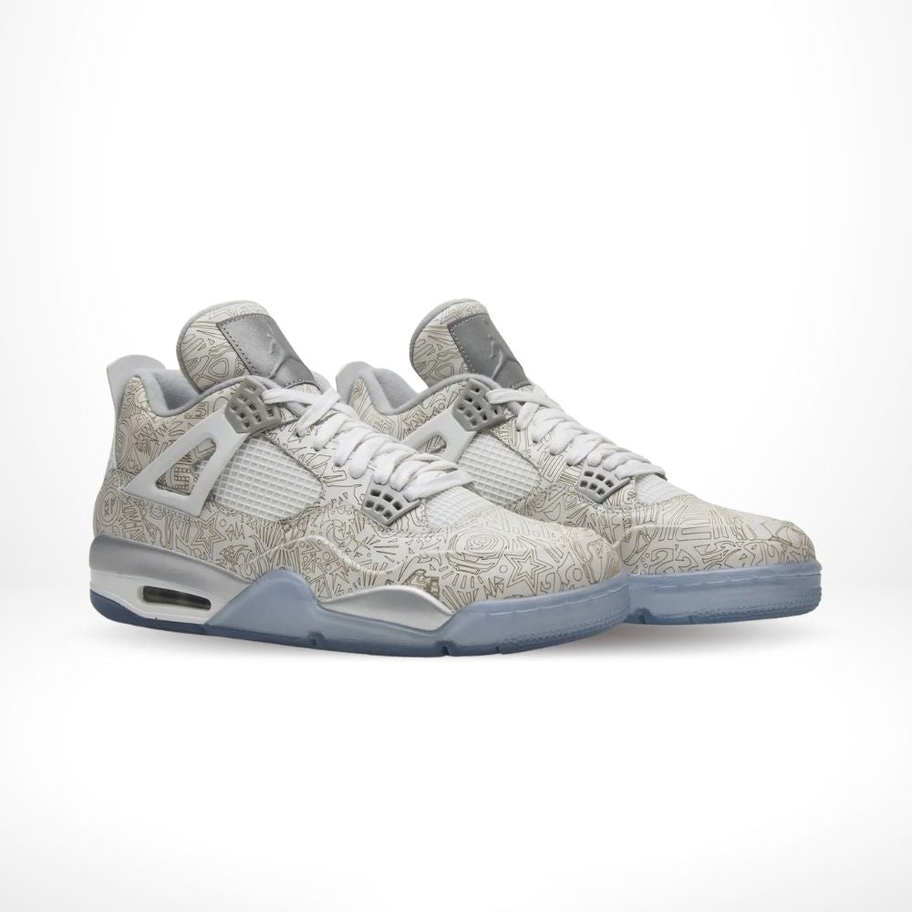 Angled front view of a full pair of Air Jordan 4