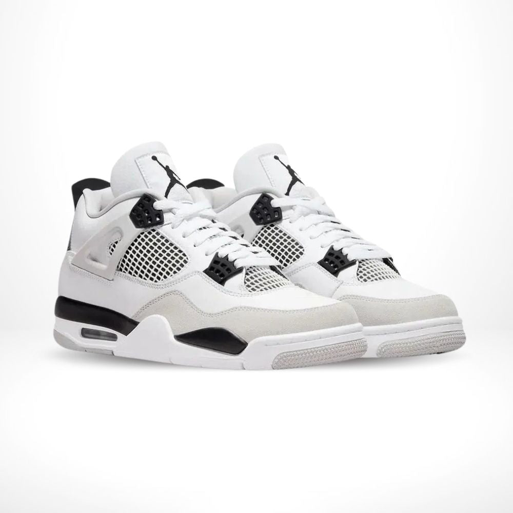 Angled front view of a full pair of Air Jordan 4