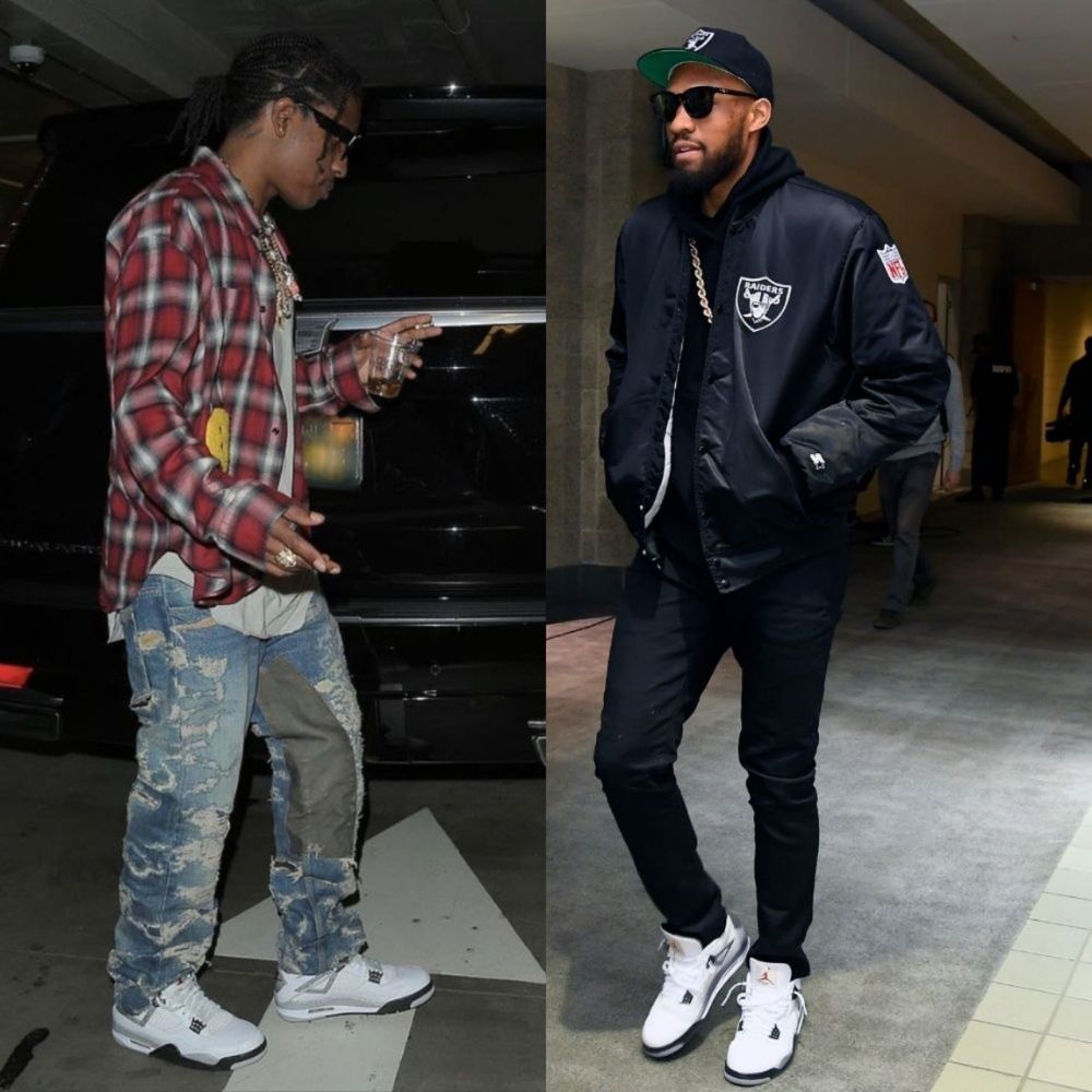 Style inspiration featuring two men wearing the Air Jordan 4 White Cement 2025