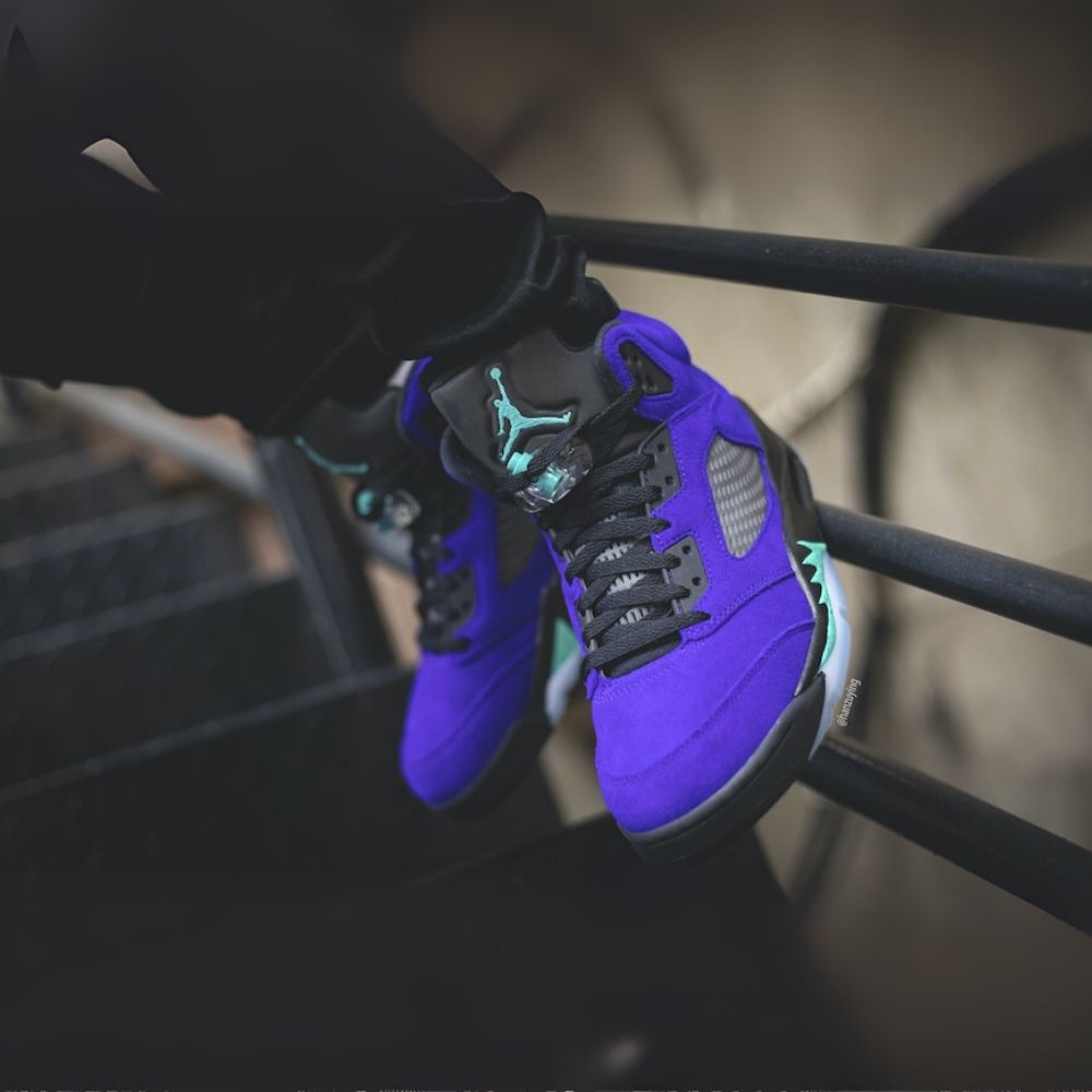 Angled front view of a full pair of Air Jordan 5