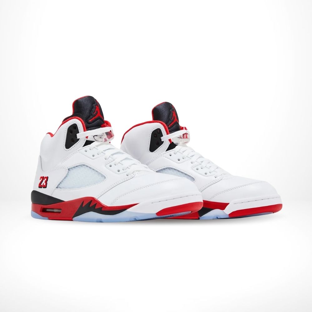 Angled front view of a full pair of Air Jordan 5