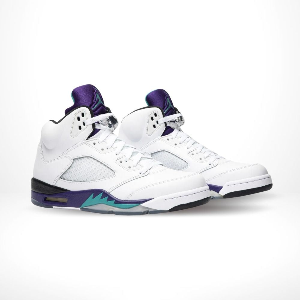 Angled front view of a full pair of Air Jordan 5