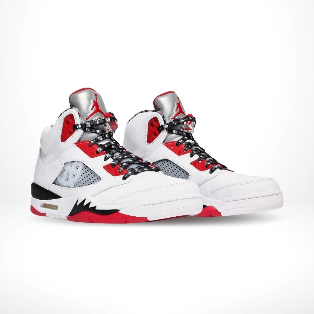 Angled front view of a full pair of Air Jordan 5