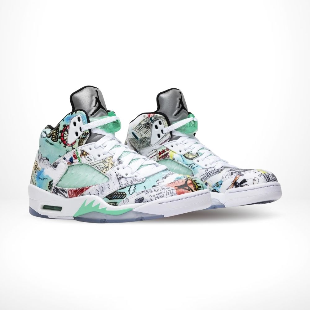 Angled front view of a full pair of Air Jordan 5