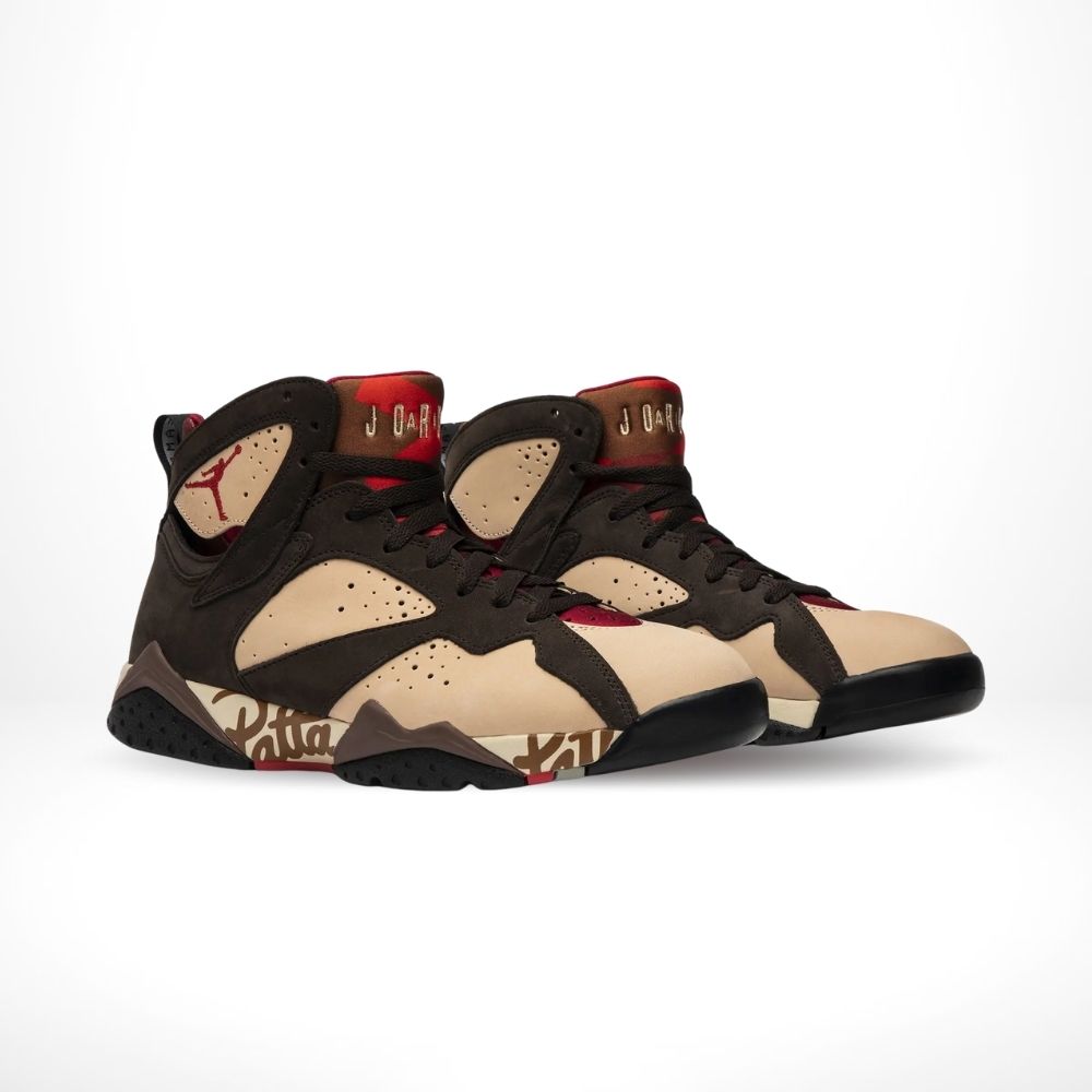Angled front view of a full pair of Air Jordan 7