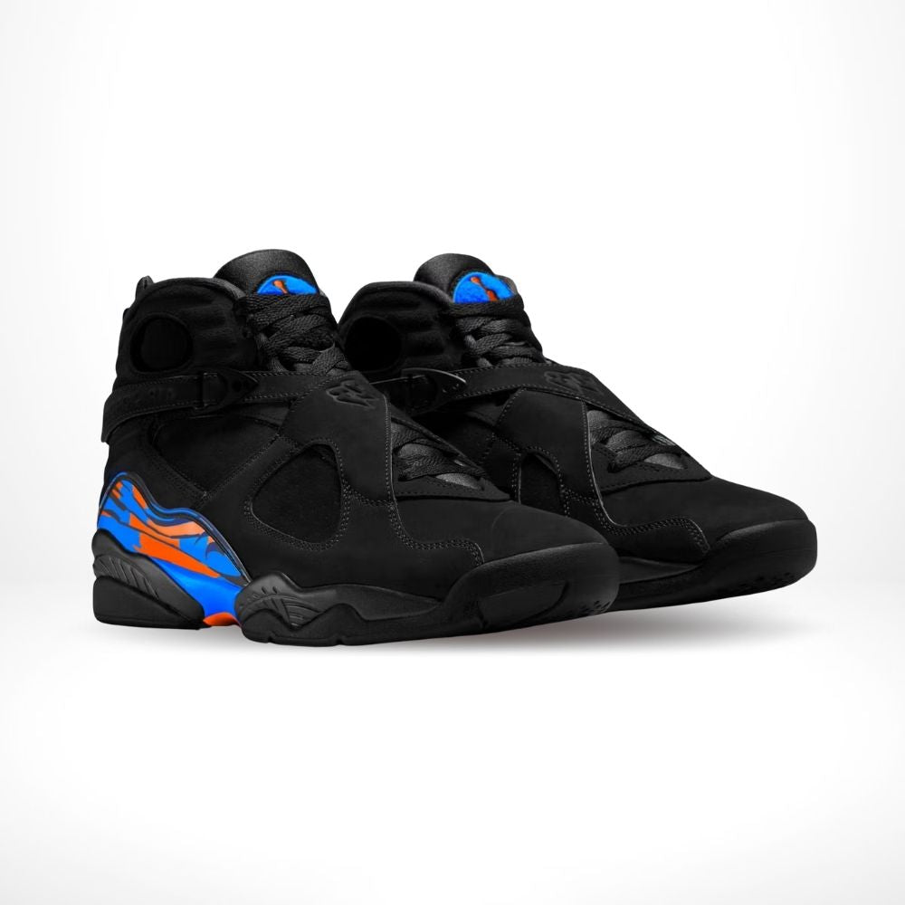 Angled front view of a full pair of Air Jordan 8