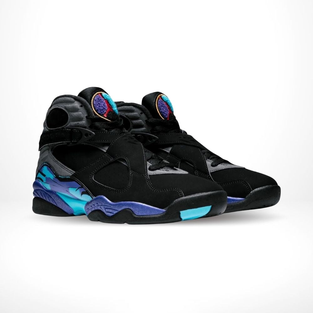 Angled front view of a full pair of Air Jordan 8
