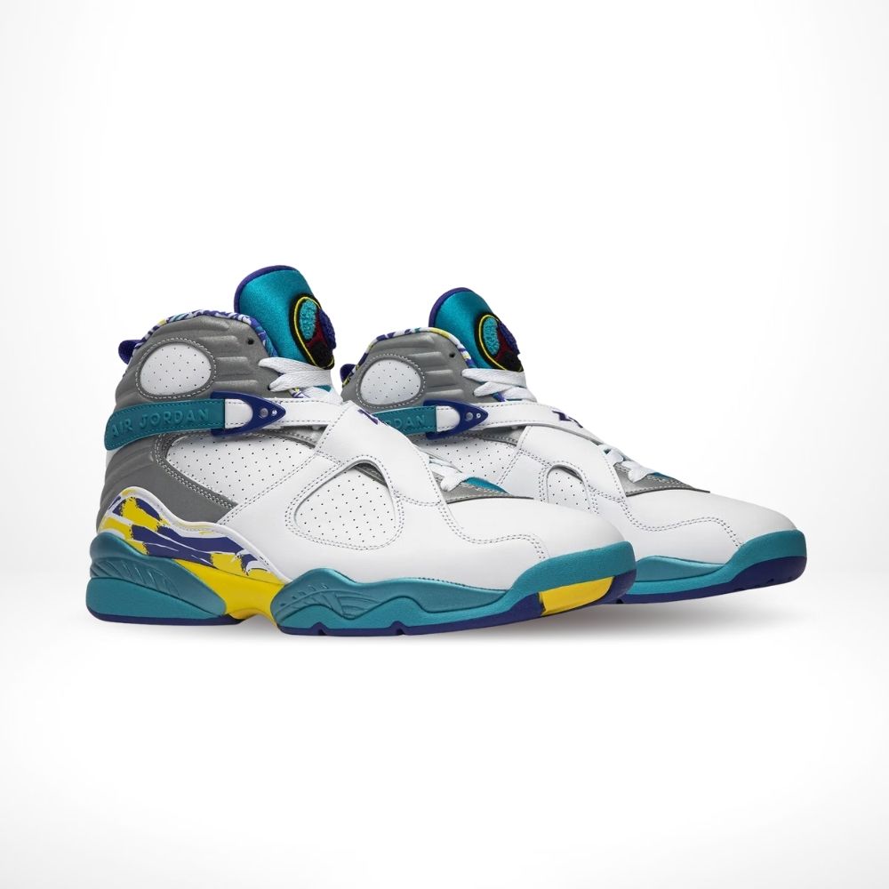 Angled front view of a full pair of Air Jordan 8