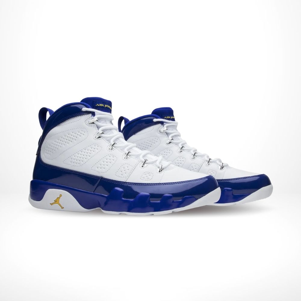 Angled front view of a full pair of Air Jordan 9